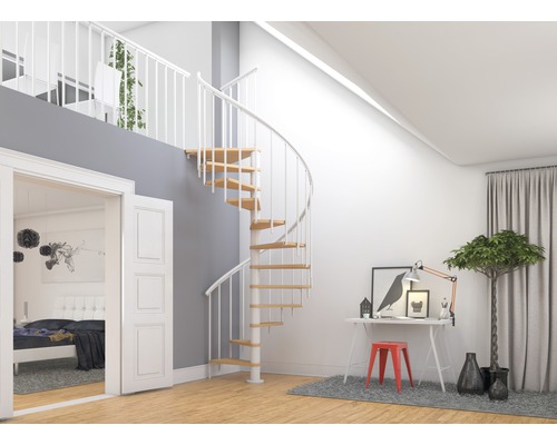 Moderní obývací pokoj se točitým schodištěm, psacím stolem a výhledem do ložnice