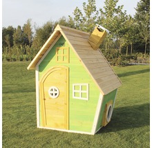 Dřevěný hrací domek s dveřmi, okny a komínem