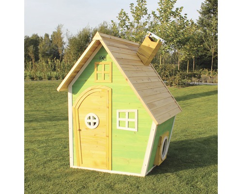 Dřevěný hrací domek s dveřmi, okny a komínem