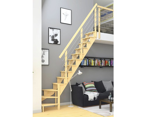 Dřevěné schodiště s nerezovým zábradlím v obývacím pokoji