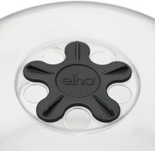 Detailní pohled na logo Elho na průhledné podložce pod květináč.