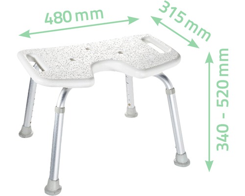 Sprchová stolička o rozměrech 480 mm šířka, 315 mm hloubka a 340 až 520 mm výška
