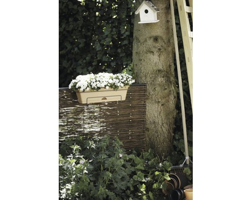 Zahradní scéna s truhlíkem na květiny, proutěným plotem, kmenem stromu, ptačí budkou a zahradním nářadím.