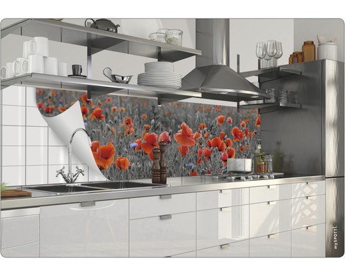 Kuchyňská zástěna s motivem vlčího máku za dřezem v moderní kuchyni.