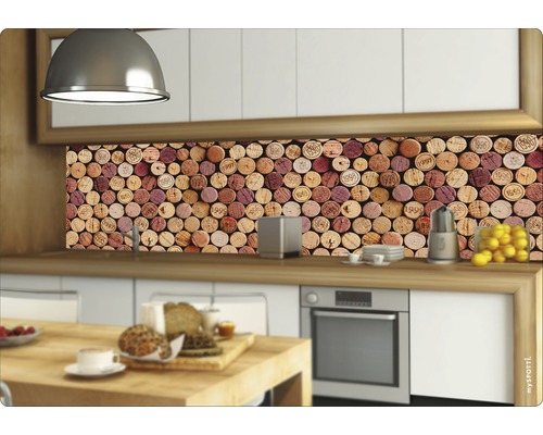 Kuchyňská scéna s kuchyňskou zástěnou se vzorem korku