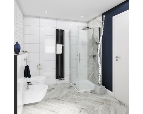 Koupelna se sprchovým koutem, toaletou, bidetem a radiátorem