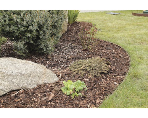 Upravená zahradní plocha s mulčem, rostlinami a okrajem trávníku