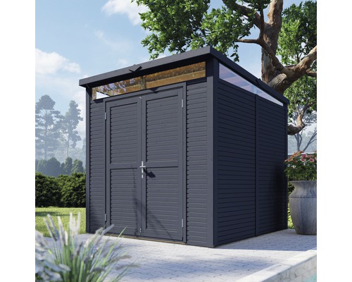 Zahradní domek s dvoukřídlými dveřmi a světlíkem na zahradní nářadí a nábytek