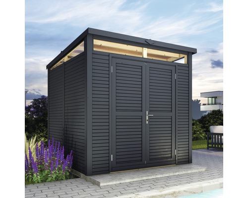 Zahradní domek s dvoukřídlými dveřmi a plochou střechou