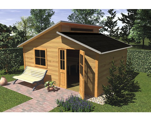 Dřevěný zahradní domek s oknem a otevřenými dveřmi a lavičkou před domem