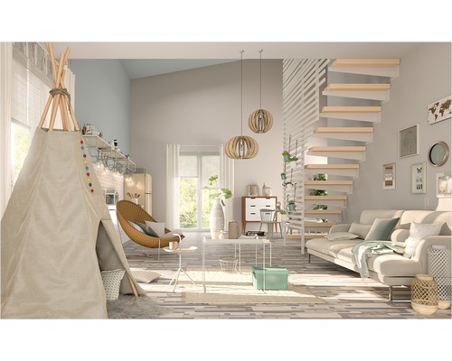 Světlý obývací pokoj s týpí, točitým schodištěm a pohovkou