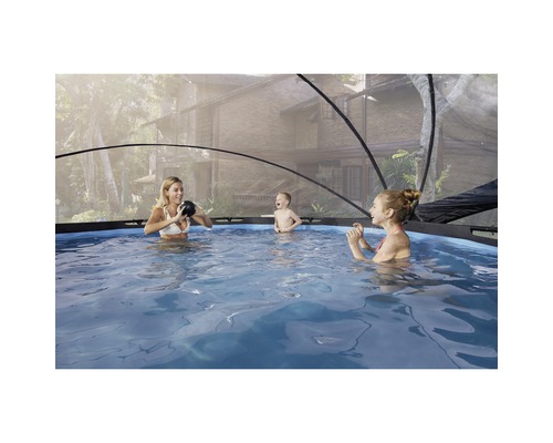 Rodina s krytem bazénu tráví čas v bazénu
