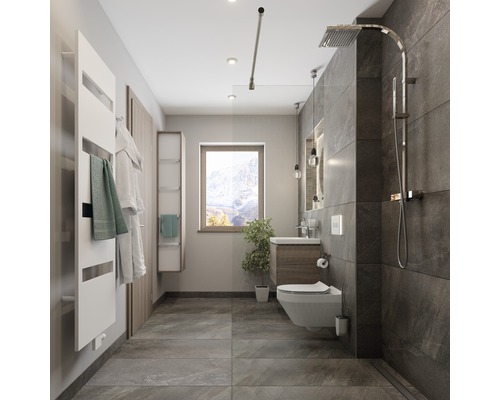 Moderní koupelna se sprchou, toaletou, umyvadlem a topným žebříkem