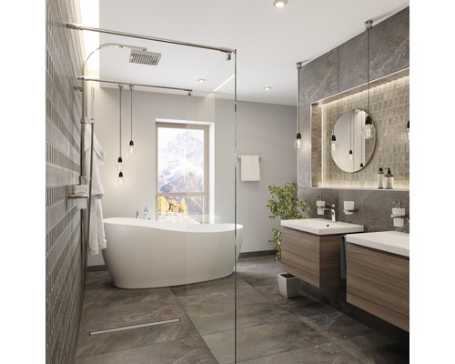 Světlá koupelna se sprchou, vanou a dvojitým umyvadlem