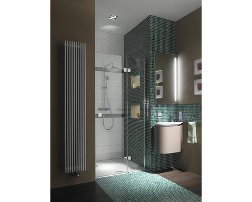 Koupelna se sprchou, umyvadlem a radiátorem