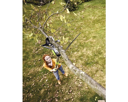 Žena používá řetězovou pilu na tyči k prořezávání stromu na zahradě.