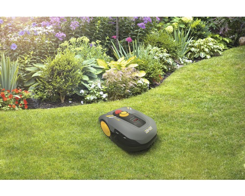 Robotická sekačka na trávníku před květinovým záhonem