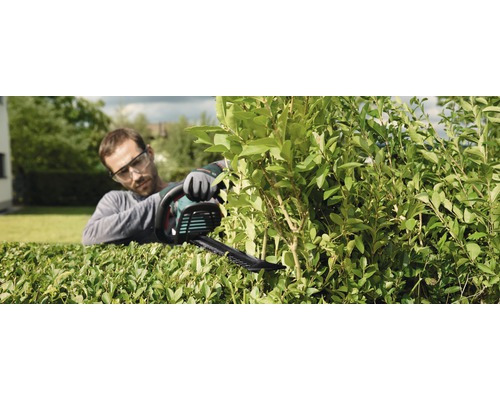 Muž stříhá živý plot pomocí nůžek na živý plot