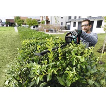 Muž stříhá živý plot nůžkami na živý plot na zahradě.