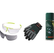 Ochranné brýle, pracovní rukavice a ošetřující sprej od firmy Bosch