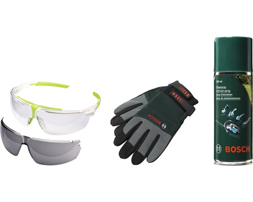 Ochranné brýle, pracovní rukavice a ošetřující sprej od firmy Bosch