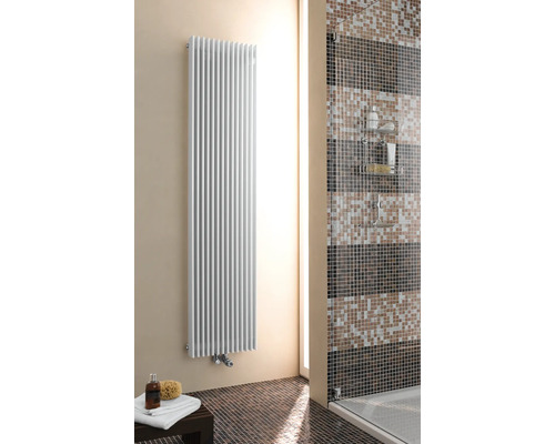 Koupelna s topným žebříkem, sprchou a mozaikovou dlažbou