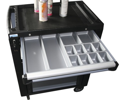 Pojízdný vozík na nářadí se zásuvkou a přihrádkami pro uložení