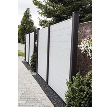 Zahradní plot s vodorovnými panely a tmavými sloupky vedle chodníku