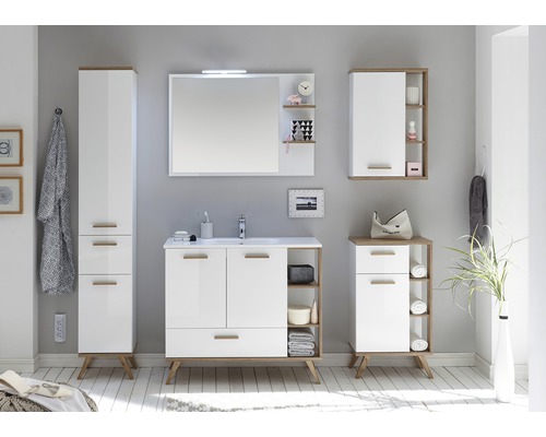 Moderní koupelnový set s umyvadlem, zrcadlovou skříňkou, závěsnou skříňkou a vysokou skříňkou