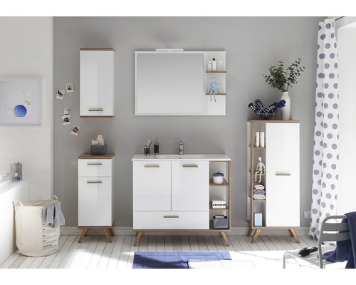 Moderní koupelnový set s umyvadlovou skříňkou, zrcadlovou skříňkou, vysokou skříňkou a boční skříňkou pro stylové prostředí