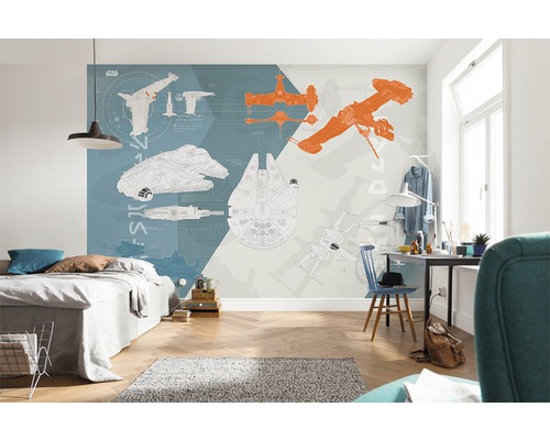 Moderní pokoj s fototapetou Star Wars s ilustracemi vesmírných lodí