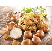 Žlutá cibule v síťce a volně na dřevěném stole.