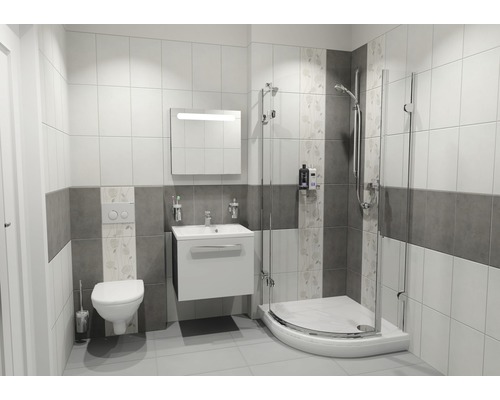 Světlá koupelna se sprchou, umyvadlem, zrcadlem a toaletou