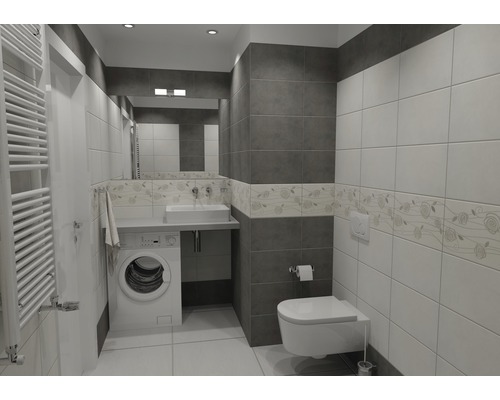 Moderní koupelna s pračkou, umyvadlem, zrcadlem, radiátorem a toaletou