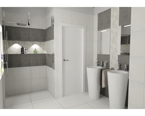 Moderní koupelna se sprchou, umyvadly a dlaždicemi