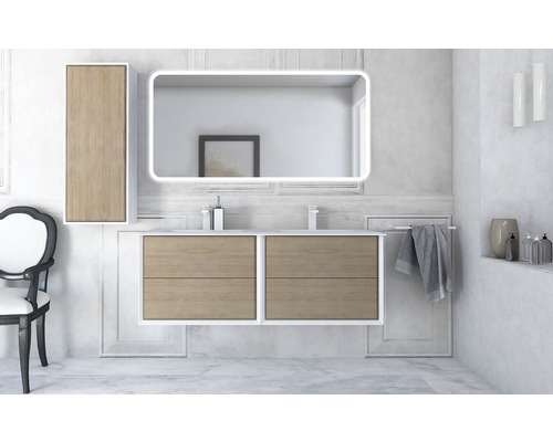 Koupelna s umyvadlovou skříňkou, zrcadlovou skříňkou, osvětleným zrcadlem a židlí