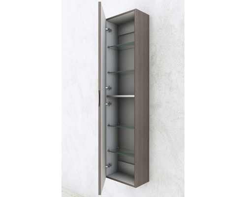 Otevřená koupelnová vysoká skříňka se skleněnými policemi pro montáž na stěnu