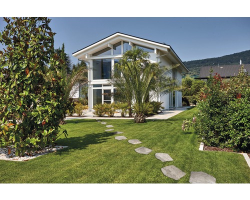 Moderní obytný dům se zahradou a cestou z kamenných desek