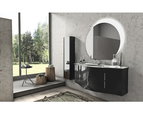 Moderní koupelna s umyvadlovou skříňkou, zrcadlovou skříňkou a kulatým zrcadlem