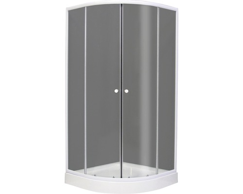 Rohová sprcha se skleněnými dveřmi a bílým rámem.