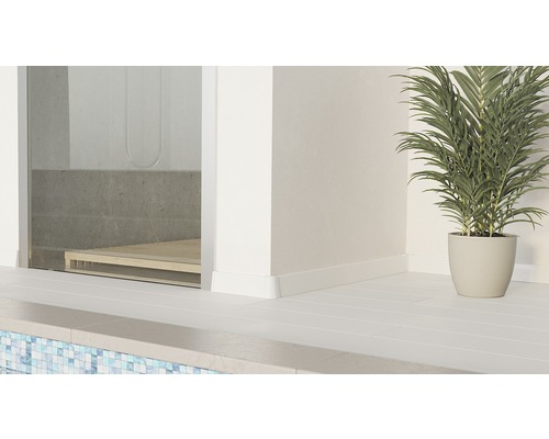 Detail koupelny se sprchou, bílou dlažbou a hrnkovou rostlinou