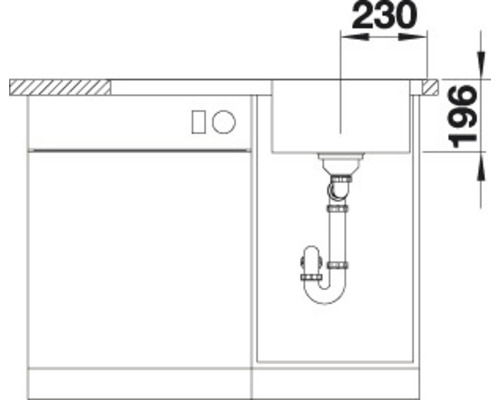 Technický nákres skříňky pod umyvadlo s umyvadlem a myčkou nádobí