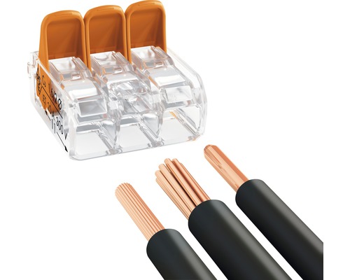 Třížilová svorka se třemi odizolovanými kabely pro elektroinstalaci