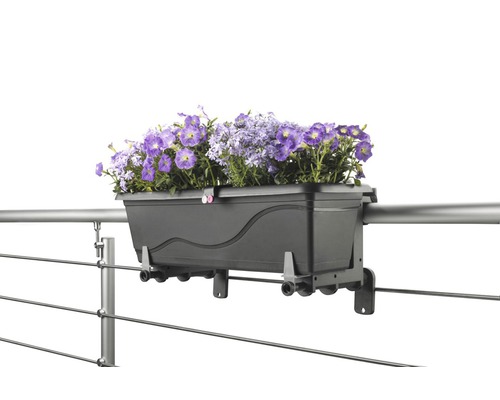 Květináč k upevnění na zábradlí s fialovými květy