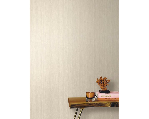Detailní záběr béžové vliesové tapety s jemnou strukturou a malou dekorací na dřevěném stole.