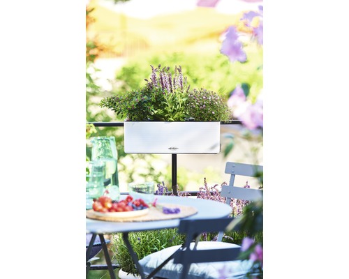 Balkónová scéna s osázeným truhlíkem, stolem a židlemi