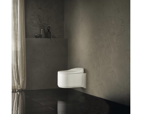 Moderní koupelna se závěsným sprchovým WC a tmavou podlahou