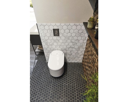 Moderní koupelna s bílým WC, šestihranné obklady na stěnách a podlaze a dřevěný stěnový prvek.