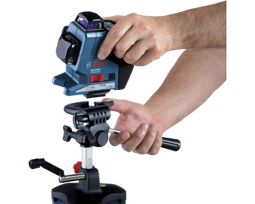 Logo společnosti Bosch. Sestavuje se 3řádkový laser se stativem.