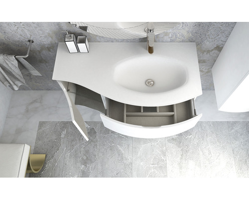 Koupelnová umyvadlová skříňka s otevřenou skříňkou a zásuvkou v moderním designu